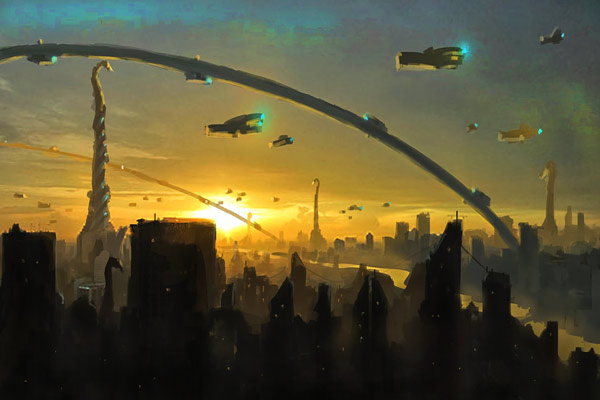 Painting of a Sunset over a Future City